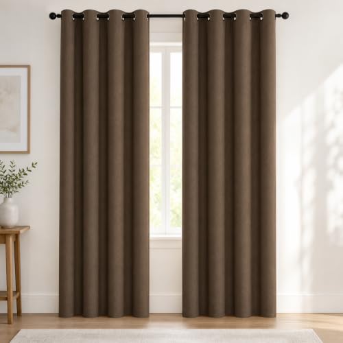 Deconovo Total Blackout Curtains for Bedroom - Faux Linen, 100% Light Blocking, Thermal Insulated & Noise Reducing for Nursery & Living Room, 2 Panels, Chocolate, 52W x 95L Inch