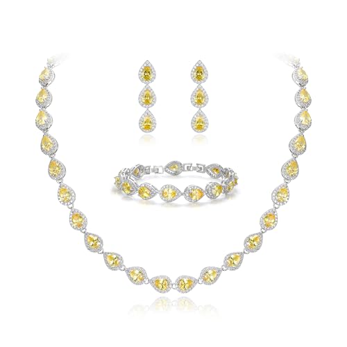 EVER FAITH CZ November Birthstone Elegant Tear Drop Necklace Earrings Bracelet Set Yellow Citrine-Color