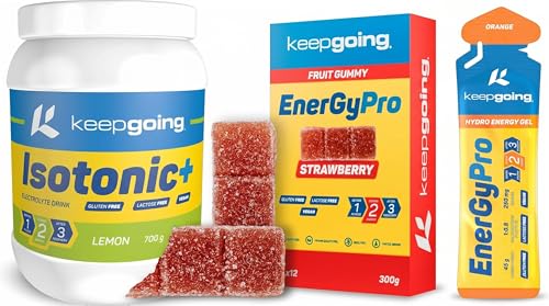 KeepGoing - Pack Ciclismo | 1 Isotonic + Limón + 1 Caja de Gummy + 12 Geles sabor Naranja | Nutrición Deportiva para Ciclismo