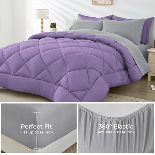 HEVUMYI King Comforter Set - 7-Piece All Season Bed in a Bag King, Ultra Soft Bedding Set with Comforter, Flat Sheet, Fitted Sheet, Pillowcases, Pillow Shams, Purple & Light Grey