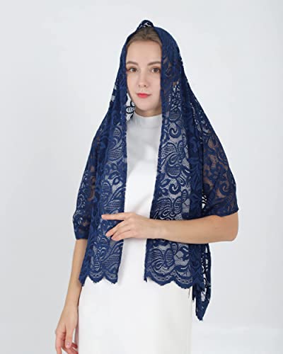 Grettytling Chapel Veil Scarf Catholic Church Veils Mantilla Wrap Shawl Mass Head Covering 61X23.6 inch (Navy), Medium - Thumbnail 7