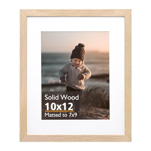 KINLINK 10x12 Picture Frame Natural Solid Wood Frame with Acrylic Plexiglass for 7x9 with Mat or 10x12 without Mat Tabletop and Wall Mounting Display Photo Frame 1 Pack