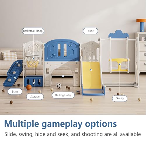 11-in-1 Toddler Outdoor Playset with Slide & Swing, Indoor Playground for Kids, Featuring Basketball Hoop, Extra Long Aisle, Toddler Slide for Backyard and Large Indoor Spaces,Blue&Yellow