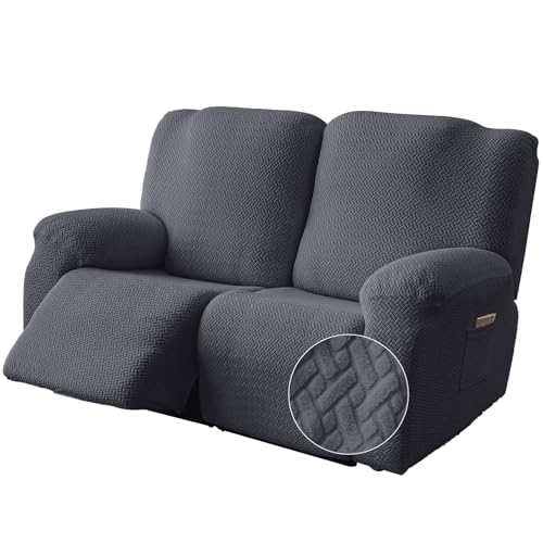 Image of Genina Recliner Loveseat Covers, Stretch Reclining Sofa Covers, 2 Seater Couch Cushion Stripe Jacquard Recliner Slipcovers - Furniture Protector Covers for Pet Kid (Dark Gray)