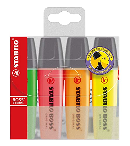 Marca Texto - STABILO BOSS ORIGINAL– Estojo com 4 unidades – Em cores clássicas