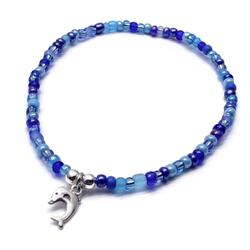 Dolphin Charm Beaded Anklet, Blue Glass Seed Bead Mix with Silver Tone Charm : Size M/L 10 inches, Beach Boho Ocean Lover Jewellery for Women