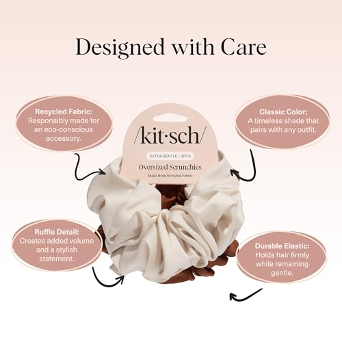 Image of Kitsch Recycled Satin Oversized Scrunchies - Large Hair Scrunchies for Women, Eco-Friendly Hair Ties & Ponytail Holders | Ideal Gifts for Women - Camel & Cream, 2pc Set