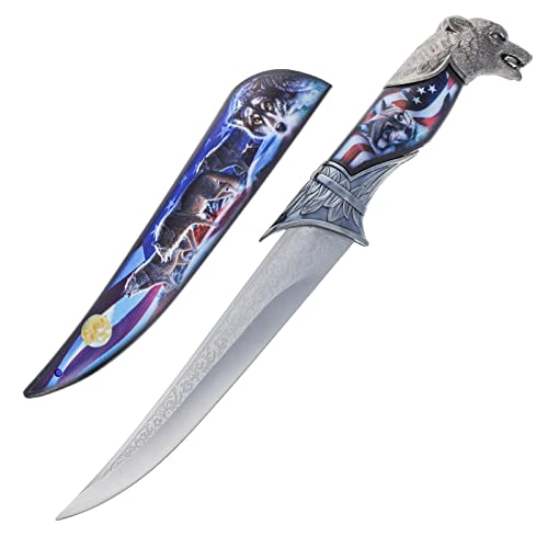 ASR Outdoor 13.5 inch American Flag Fixed Blade Collector's Howling Wolf Hunting Knife with Ornamental Scabbard
