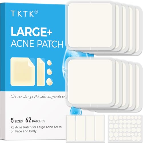 TKTK Large Pimple Patches, 60 mm XL Acne Patches, Big Hydrocolloid Bandages for Body, Face, Forehead, Chin, Neck Zit Breakouts, Hydrocolloid Patch (Square, Strip, Dot 5 Sizes 62 Count)