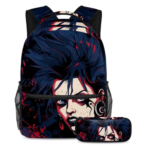 Sac à dos punk crâne multicolore avec trousse scolaire assortie pour ado
