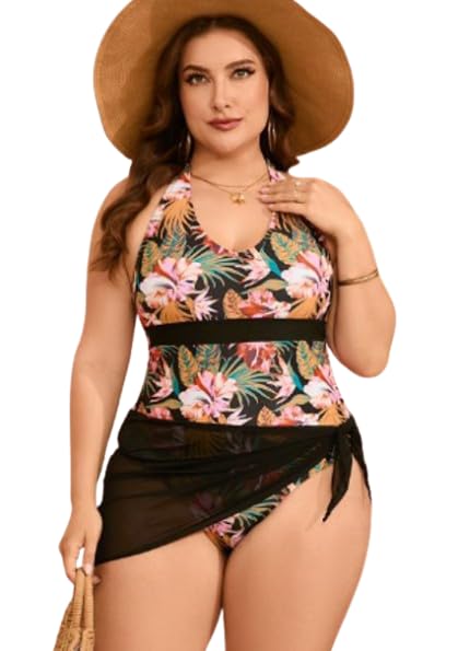 plus curvves Plus Random Print Halter Neck Side Wrap One Piece Swimsuit with Cover Up Multicolor - XL - 8XL-picture-12