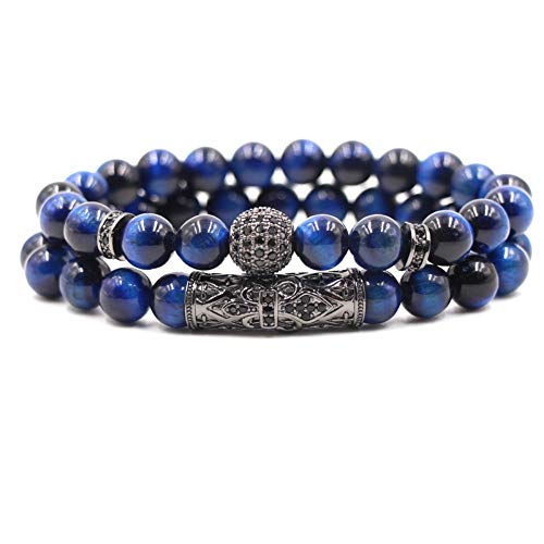 Preisvergleich Produktbild ZGRJIUERYI Steinarmband,Naturstein Perlen Armband, Blau Tigerauge Micro-Inlaid Zirkonium 10Mm Micro-Inlaid Ball Schwarz Gebogene Röhre Set Mode Armband, Personalisierte Bekleidungszubehör