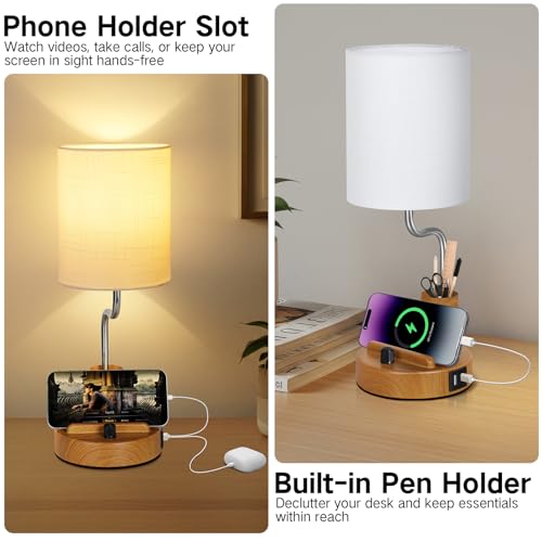 OUTON Bedside Table Lamps Set of 2 – Stepless Dimmable Nightstand Light with Linen Shade, USB-A & USB-C Ports, Phone Stand & Pen Holder, 2700K Warm LED Bulb Included, for Bedroom, Dorm, Office, Wood - Image 3