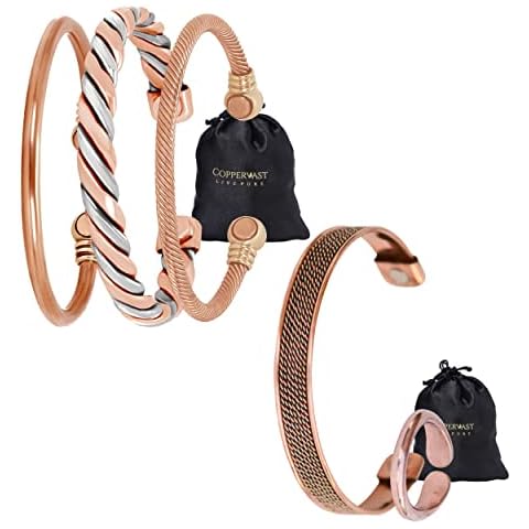 Set of 3 Copper Bracelets for Women + Copper Bracelet with Ring | 100% Copper with Powerful Therapy Magnets Effective and Natural Relief Cover