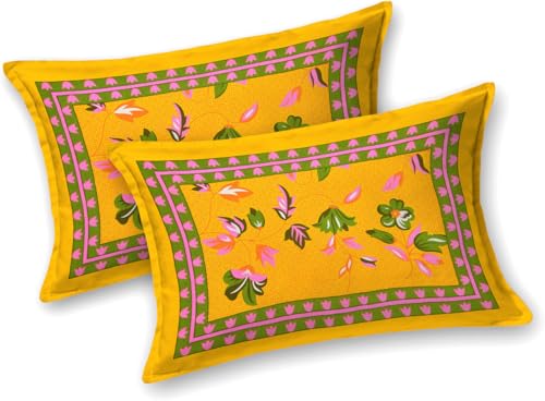 Image of JAIPUR PRINTS 100% Cotton Rajasthani Jaipuri Traditional Floral King Size Double Bedsheet with 2 Pillow Covers - Multicolor, 180-200 tc (A - Yellow, Double)