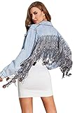 YILANUOYI Women's Fringe Jean Jacket Tassel Distressed Ripped Crop Denim Jackets(Blue,M