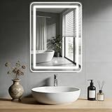 MYGIIVOVO Badezimmer Wandspiegel, Badspiegel Mit Beleuchtung, Spiegel mit LED Licht, Touch Schalter und 3 Farben Dimmbar (70L x 50B cm)