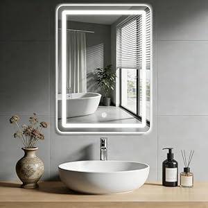 MYGIIVOVO Badezimmer Wandspiegel, Badspiegel Mit Beleuchtung, Spiegel mit LED Licht, Touch Schalter und 3 Farben Dimmbar (70L x 50B cm)