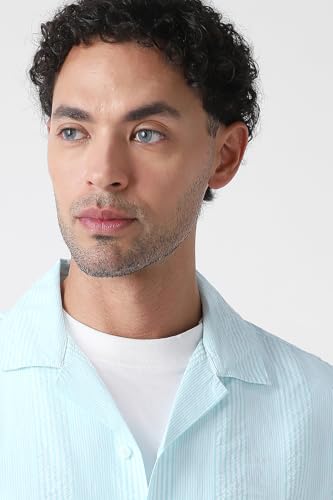 Image of Peter England Men's Casual Half Sleeve Resort Collar Shirt in 100% Cotton Seersucker with Striped Design