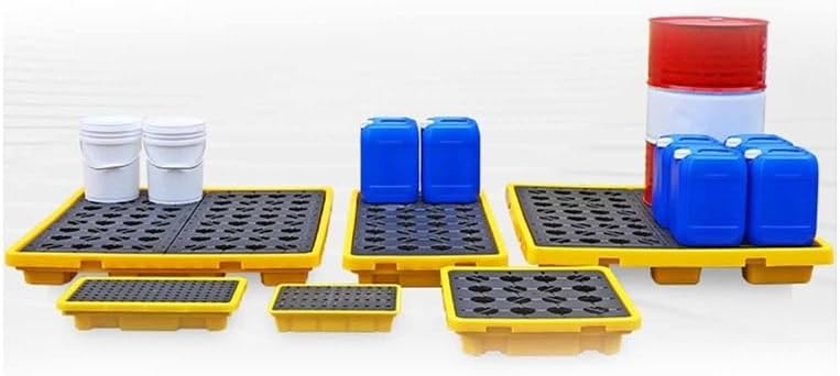 Spill Containment Pallet Yellow and Black Plastic Pallet Spill-Proof Platform 2,000 Lbs. Load Capacity Containment Tray with Drain Outlet for Garage Basement(50x36x10cm)