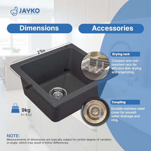 Image of JAYKO Quartz Acrylic Kitchen Sink for Modular Kitchen | Granite Finish, Scratch & Heat Resistant | Easy to Clean & Stylish Sink for Home (LI, 21x18in)