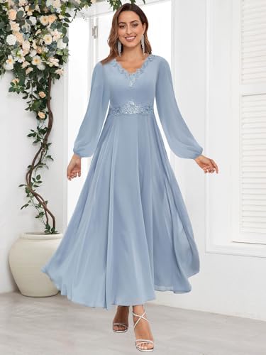 Women's Tea Length Mother of The Bride Dresses Long Sleeves V Neck Flowy Chiffon A Line Formal Evening Gown2