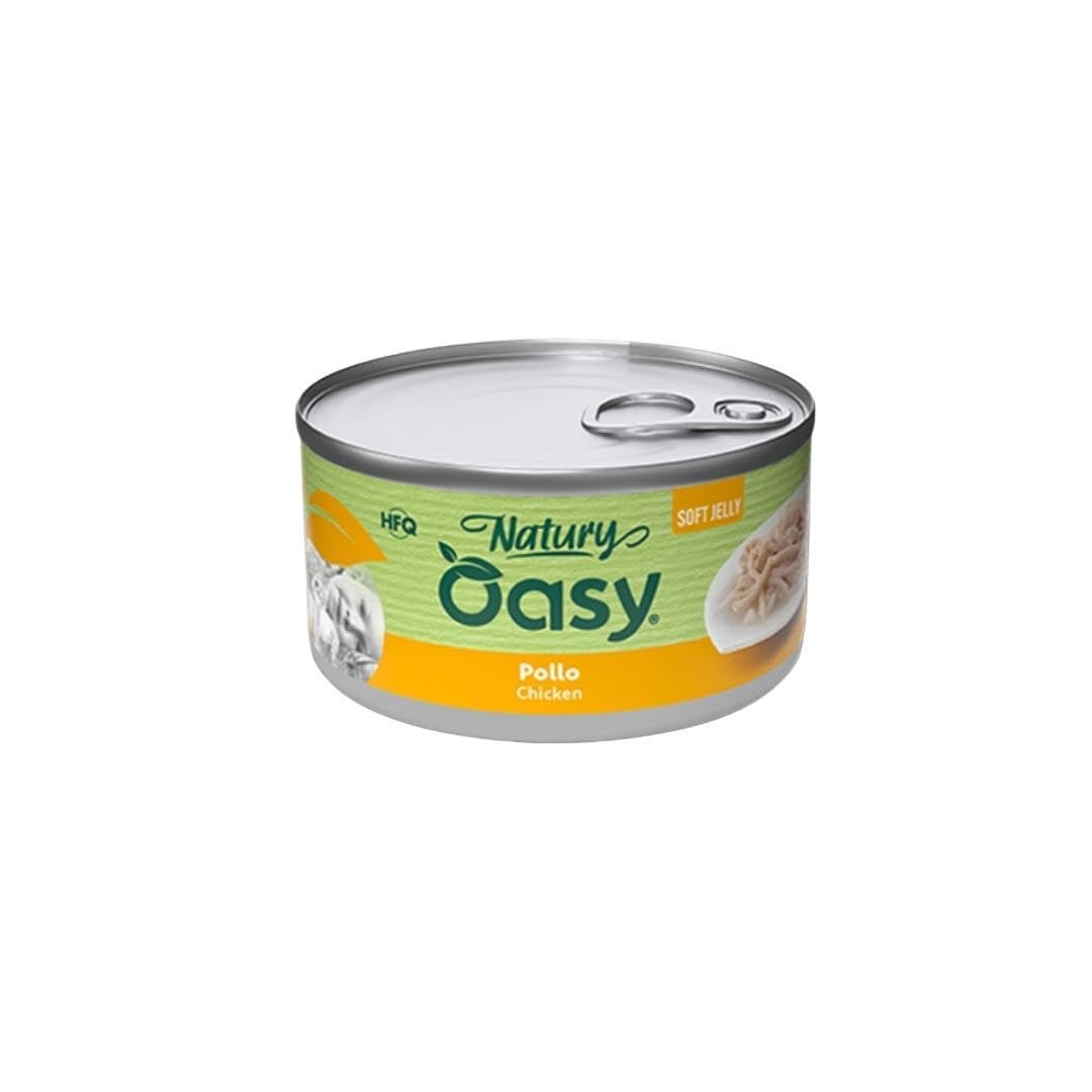Oasy - Mascotas húmedas para gatos naturales con sabor a pollo, suaves pelusas naturales de Soft Jelly para gatos adultos de todos los tamaños y razas | 24 latas de 85 gramos cada una.
