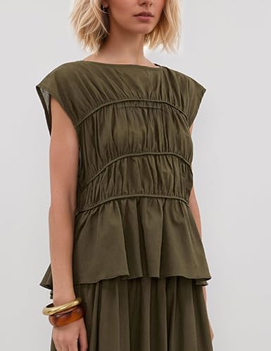 MISSACTIVER Women's Casual Tiered Shirred Tank Top Crew Neck Cap Sleeve Pleated Flared Hem Babydoll Tee Shirt Blouse Tops3