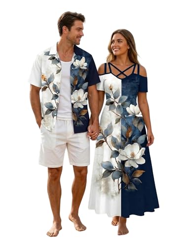 ROSE GAL Matchable Couples Colorblock Flower Leaf Print Hawaiian Men Shirt and Women Cold Shoulder Crisscorss Short Sleeves Midi Dress Matching Couple Outfits(Women/White_1/L)