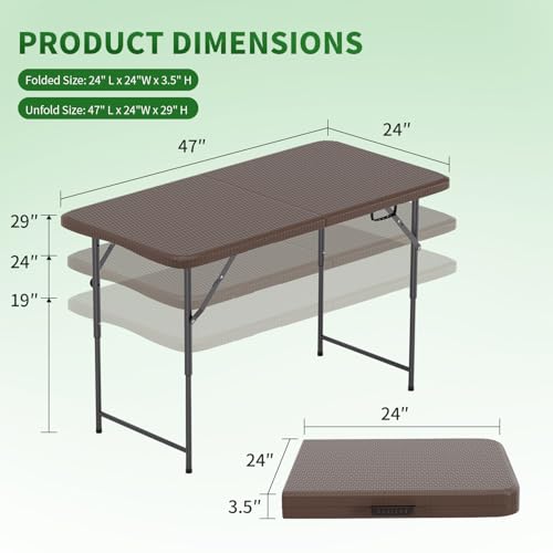 Image of BestOffice 4 FT Picnic Table Folding Table Camping Plastic Table Fold Up Table Lock for Party Event, Brown Ratten
