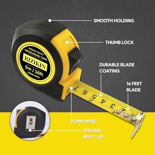 Rizikin Heavy Duty Tape Measure 5m 16ft - Stainless Steel Measuring Tape 5 metre - Retractable Measurement Tape - Imperial and Metric Tape Measure with Metal Belt Clip (5 Metre) 2 Rizikin Heavy Duty Tape Measure 5m 16ft - Stainless Steel Measuring Tape 5 metre - Retractable Measurement Tape - Imperial and Metric Tape Measure with Metal Belt Clip (5 Metre) - Image 2