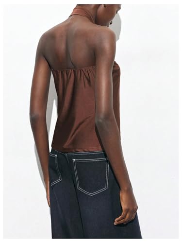 Milumia Women's Metal Backless Halter Top Ruched Split Hem Sleeveless Casual Tops3