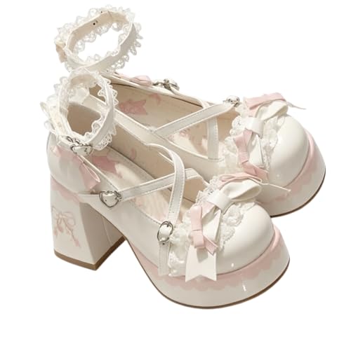 Image of Kawii Bow Heels Lolita Shoes for Women, Sweet Platform Mary Janes with Lace Ruffles and Bows, Kawaii Chunky Heel Dress Pumps, Princess Cosplay Shoes for Tea Party, Wedding & Daily Wear(White,34)