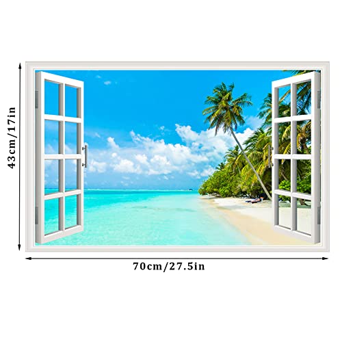 Rajahubri Beach Seascape Window Wall Sticker Palm Tree And Beach Landscape Fake Window Wall Decals 3D Removable Tropical Sea Window View Wall Stickers Decal For Living Room #TOP4