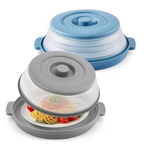 2pcs Collapsible Microwave Cover, Microwave Food Plate Covers with Anti-Scald Base Mat 10.5 Inch Plastic & Silicone Flodable Splatter Cover for Reheating Meal Prep Cooking Storage