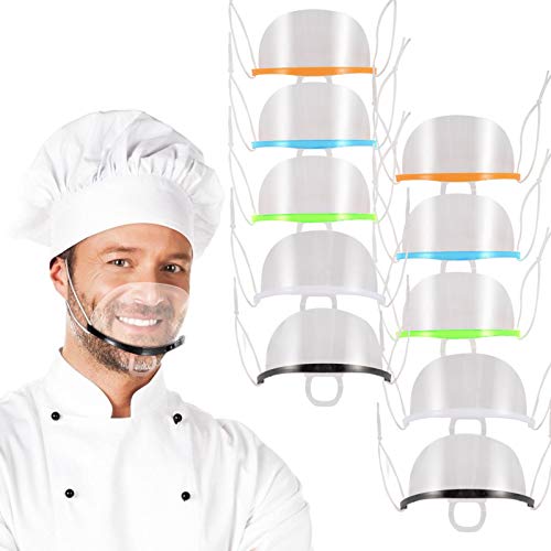 10pcs Fogless Transparent Open Face Guard- Reusable Face Mouth Cover in 5 Colors with Adjustable Strap Prevent Spit Clear Film Cover for Food Truck Bakery Restaurant Hotel Mall Beauty Salon
