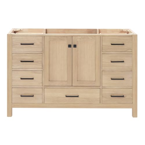 ARIEL Cambridge 54-inch Bathroom Vanity Base Cabinet,Solid Wood, 2 Soft Closing Doors, 9 Dovetail Drawers, White Oak