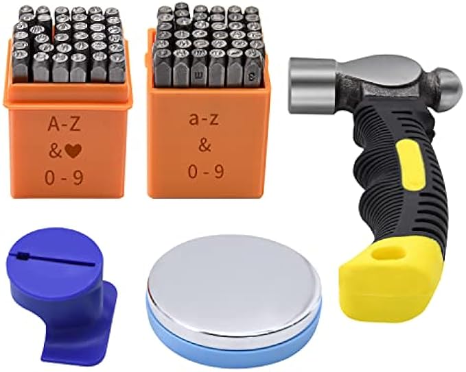Metal stamping kit, complete jewelery stamping tool with 74 pieces 3mm art font uppercase and lowercase letter punch and number punch set, metal stamping jig, stamp hammer, steel bench block