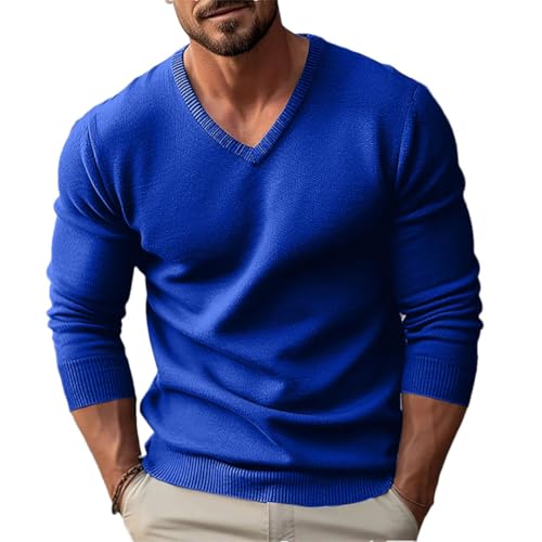 Men's Knit Pullovers Solid Color V-Neck Slim Fit Long Sleeve Sweaters