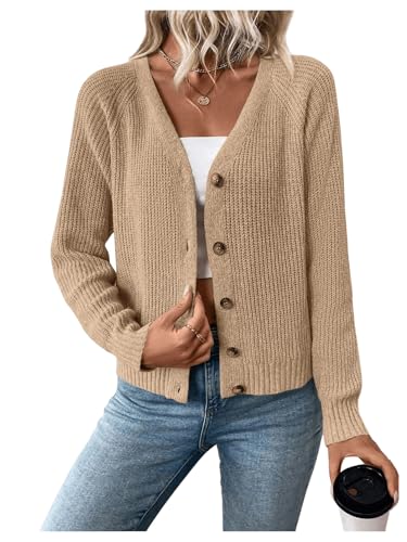Image of MakeMeChic Women's V Neck Button Down Long Sleeve Cardigan Sweater Drop Shoulder Ribbed Knit Outerwear Brown Small