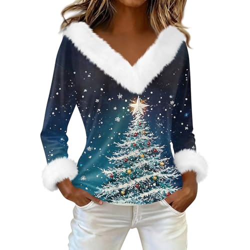 Women’s Long Sleeve Faux Fur Trim V Neck Tops Fashion Christmas Print Shirts Winter Holiday Casual Pullover