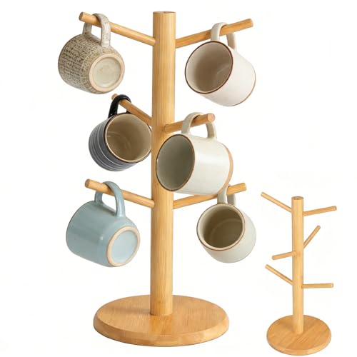 ToqoGeri Coffee Mug Holder - Elegant Bamboo Cup Tree with Sturdy Base for Organising 6 Mugs and Cups (Black Finish)