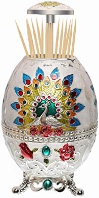 LAUYOO Portable Retractable Toothpick Holder with Bottle Opener Automatic Retro Pop Up Toothpick Dispenser Toothpicks Case Storage Organizer Container Decoration for Kitchen (Peacock-Jade White)