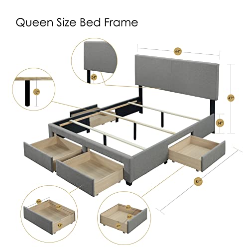 Dg Casa Kelly Panel Bed Frame With Storage Drawers And Upholstered Headboard, Queen Size In Grey Linen Style Fabric #TOP1