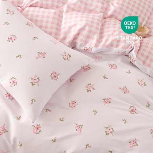 Image of Duvet Cover Twin Pink White Floral Plaid Reversible Bedding Set