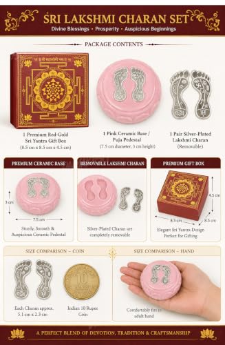 Image of Divyakosh Silver Plated Lakshmi Charan Paduka Pair with Ceramic Base, Laxmi Footprints & Divine Footsteps for Home Temple, Mandir Pooja, Hawan, Diwali Gift, Premium Box Pack. Must for VAR MahaLaxmi |