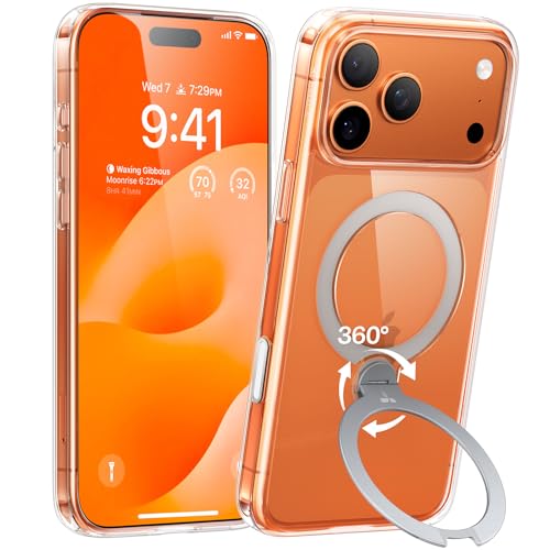 TORRAS iPhone 17 Pro 用 ケース【多機能一体・360°新定点回転スタンド】 Magsafe対応 【Ostand Q3 Spin】高耐久性 耐衝撃 ゼンマイ式スタンド リング 縦横両対応 マグネット搭載 急速充電対応 指紋防止 クリア