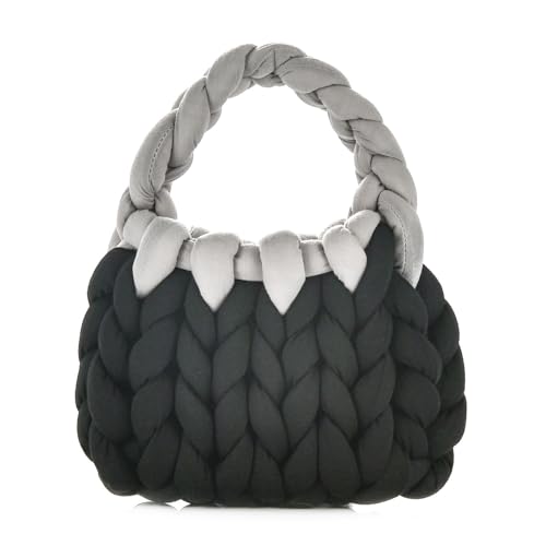 Wabilu Bolsa feminina tecida à mão com alça superior de fio grosso, malha trançada, bolsa de pulso de crochê para viagens diárias, Preto, Small