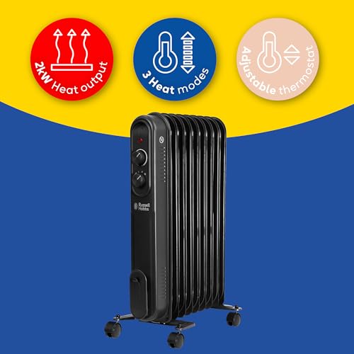 Russell Hobbs 2000W/2KW Oil Filled Radiator, 9 Fin Portable Electric Heater - Black, Adjustable Thermostat with 3 Heat Settings, Overheat Protection, 20m sq Room Size, 2 Year Guarantee RHOFR9004B