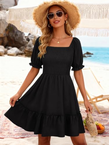 Image of Berydress Womens Summer Smocked Sun Dress Pockets 2026 Square Neck Dresses | Short Sleeve Sundress, Flowy A Line, Tiered Ruffle, Boho Beach Vacation, Casual, Going Out, Church, Western Outfits